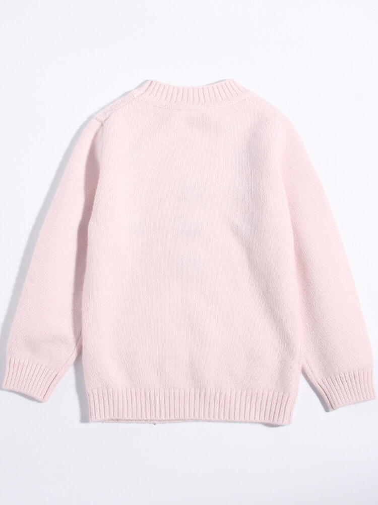 Pink Rose Embroidered Girls Cozy Cable Knit Cashmere Sweater